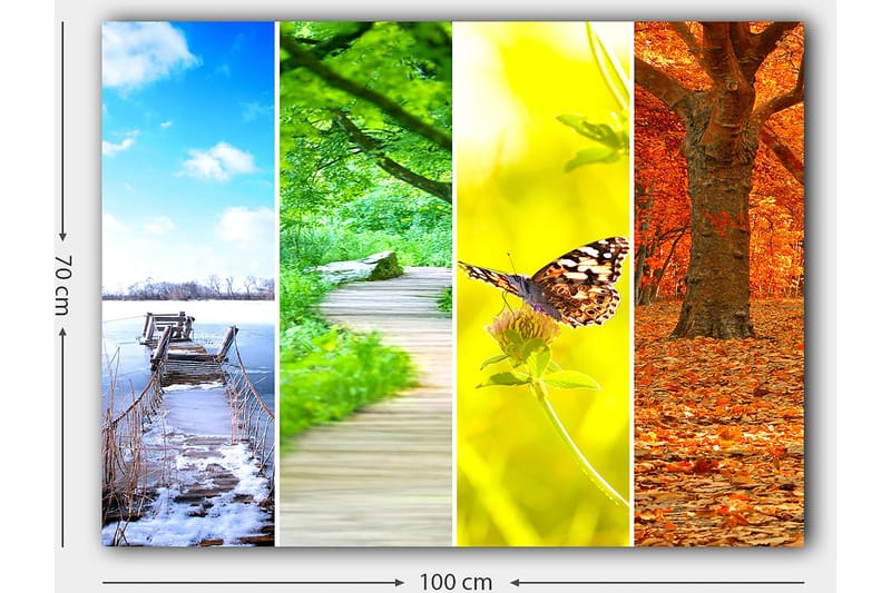 Lerretsbilde 70x100 cm - Fargerik firedelt maleri som viser forskjellige årstider med naturmotiver - Blå / Grønn / Oransje - Innredning - Bilder & kunst - Lerretsbilder