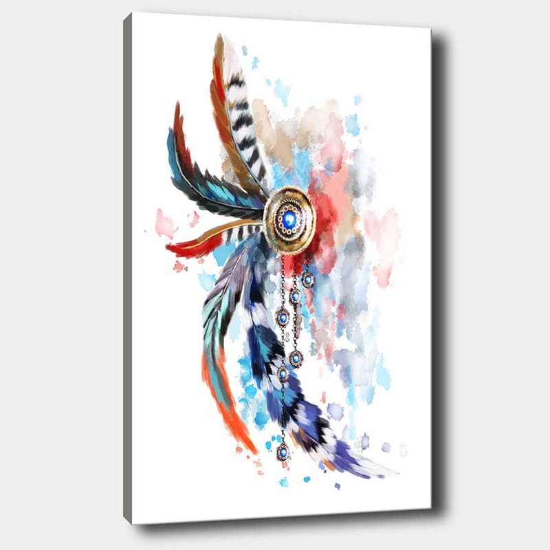 Lerretsbilde 70x100 cm - Fargerik fjærpynt med en sentral sirkel og opphengsdetaljer, Blå / Rød / Svart