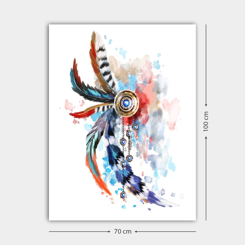 Lerretsbilde 70x100 cm - Fargerik fjærpynt med en sentral sirkel og opphengsdetaljer - Blå / Rød / Svart - Innredning - Bilder & kunst - Lerretsbilder