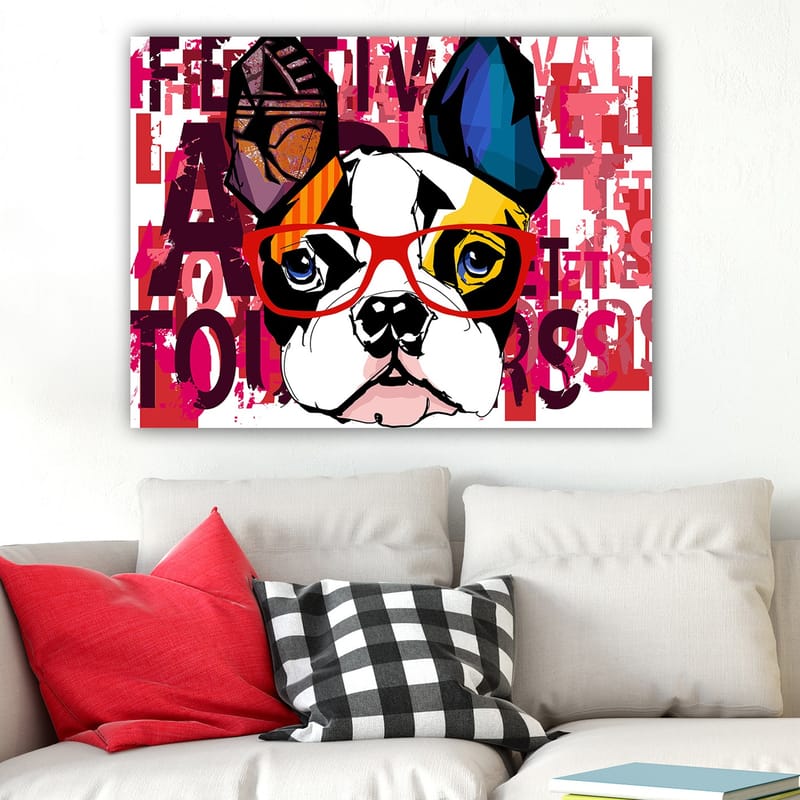 Lerretsbilde 70x100 cm - Fargerik fransk bulldog med briller og lekne detaljer - Hvit / Svart / Rød - Innredning - Bilder & kunst - Lerretsbilder