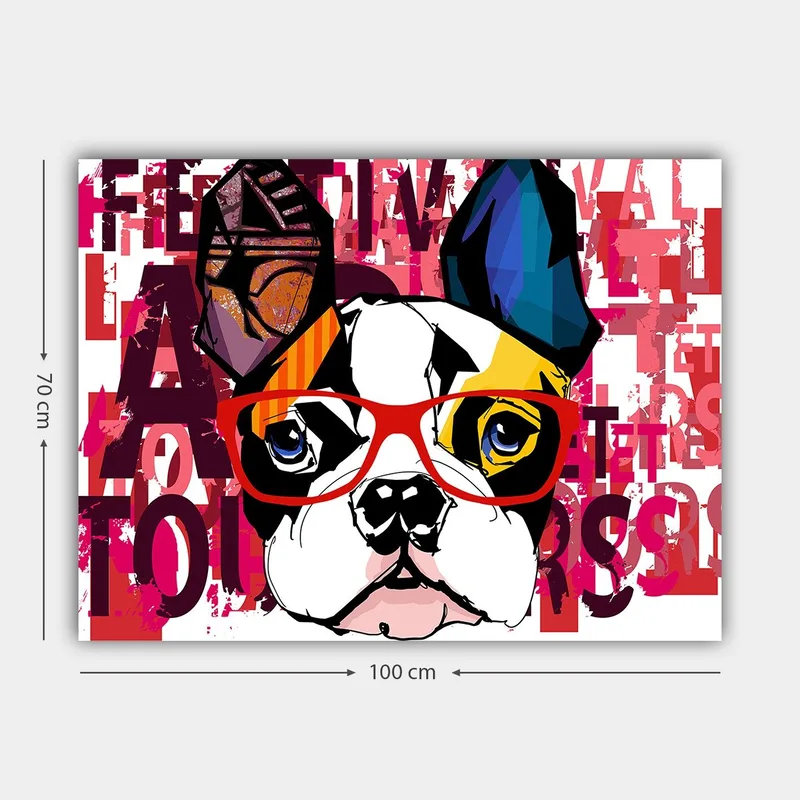 Lerretsbilde 70x100 cm - Fargerik fransk bulldog med briller og lekne detaljer - Hvit / Svart / Rød - Innredning - Bilder & kunst - Lerretsbilder