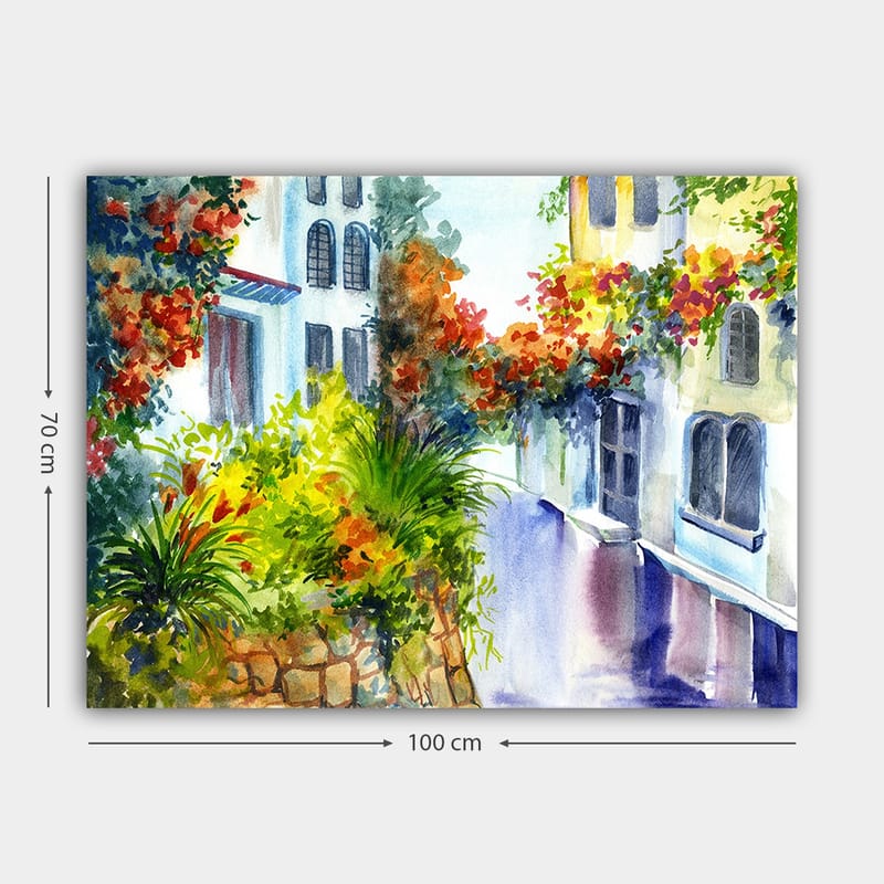 Lerretsbilde 70x100 cm - Fargerik gate med blomster og grøntområder i et middelhavsmiljø - Grønn / Rød / Blå - Innredning - Bilder & kunst - Lerretsbilder