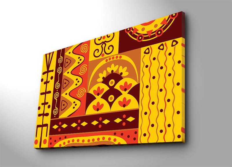 Lerretsbilde 70x100 cm - Fargerik geometrisk mønsterdesign med elementer av abstrakte former og symboler, Gul / Rød / Brun