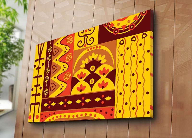 Lerretsbilde 70x100 cm - Fargerik geometrisk mønsterdesign med elementer av abstrakte former og symboler - Gul / Rød / Brun - Innredning - Bilder & kunst - Lerretsbilder