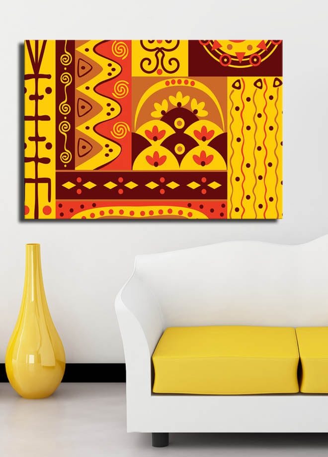 Lerretsbilde 70x100 cm - Fargerik geometrisk mønsterdesign med elementer av abstrakte former og symboler - Gul / Rød / Brun - Innredning - Bilder & kunst - Lerretsbilder