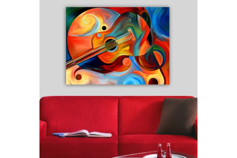 Lerretsbilde 70x100 cm - Fargerik gitar omgitt av abstrakte former og svingende linjer - Rød / Oransje / Blå - Innredning - Bilder & kunst - Lerretsbilder