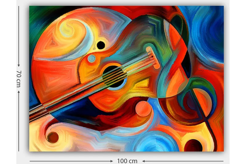 Lerretsbilde 70x100 cm - Fargerik gitar omgitt av abstrakte former og svingende linjer - Rød / Oransje / Blå - Innredning - Bilder & kunst - Lerretsbilder