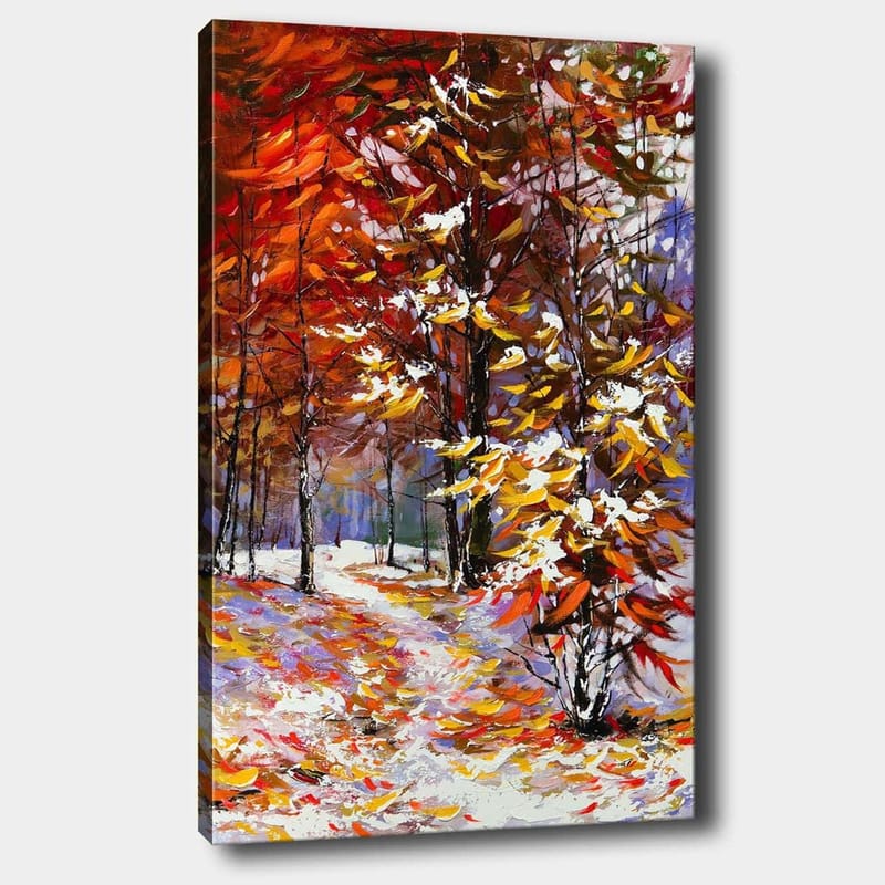 Lerretsbilde 70x100 cm - Fargerik høstscene med trær i rike nyanser av rødt og gult, omgitt av snø, Rød / Gul / Hvit