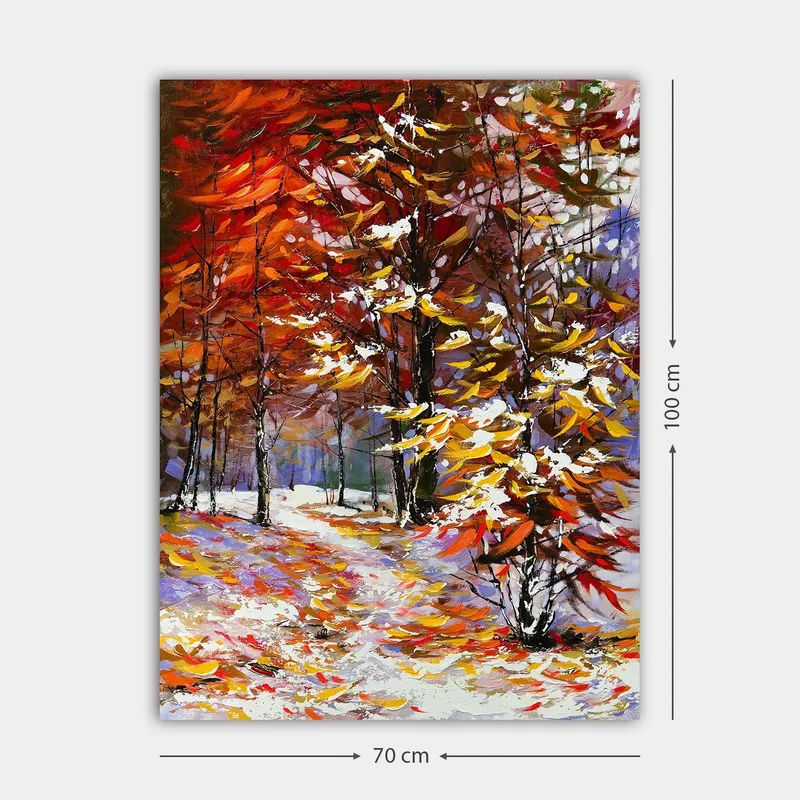 Lerretsbilde 70x100 cm - Fargerik høstscene med trær i rike nyanser av rødt og gult, omgitt av snø - Rød / Gul / Hvit - Innredning - Bilder & kunst - Lerretsbilder