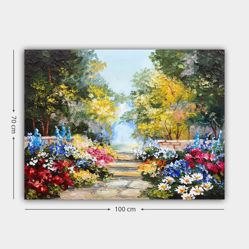 Lerretsbilde 70x100 cm - Fargerik hage med blomsteroppsatser og en asfaltert sti som fører inn i et frodig miljø - Grønn / Rød / Blå - Innredning - Bilder & kunst - Lerretsbilder