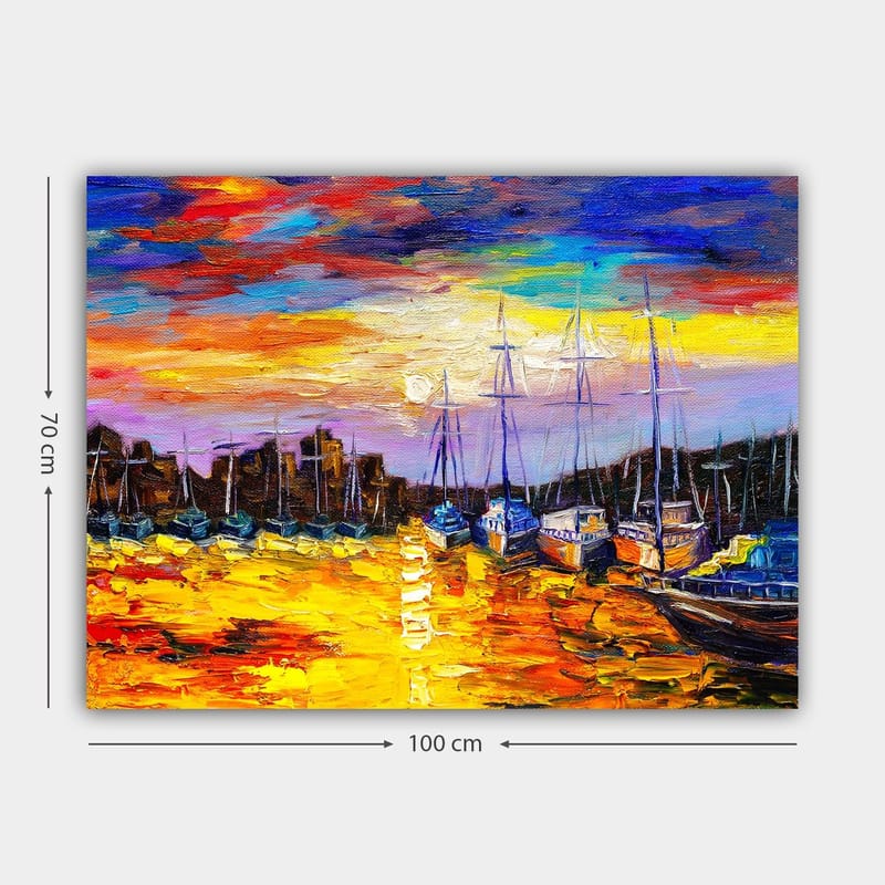 Lerretsbilde 70x100 cm - Fargerik havnescene med seilbåter speilet i vannet under en solnedgang - Gull / Blå / Oransje - Innredning - Bilder & kunst - Lerretsbilder