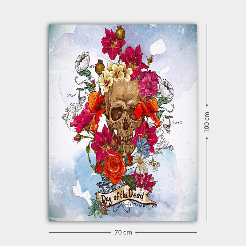 Lerretsbilde 70x100 cm - Fargerik hodeskalle omgitt av blomster, symboliserer Día de los Muertos - Rød / Rosa / Gul - Innredning - Bilder & kunst - Lerretsbilder