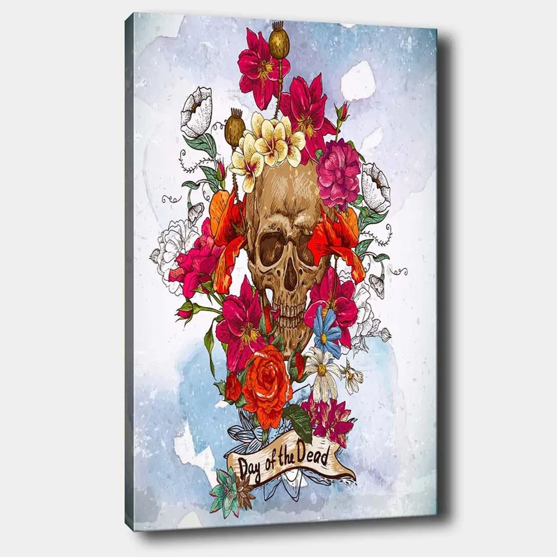 Lerretsbilde 70x100 cm - Fargerik hodeskalle omgitt av blomster, symboliserer Día de los Muertos, Rød / Rosa / Gul