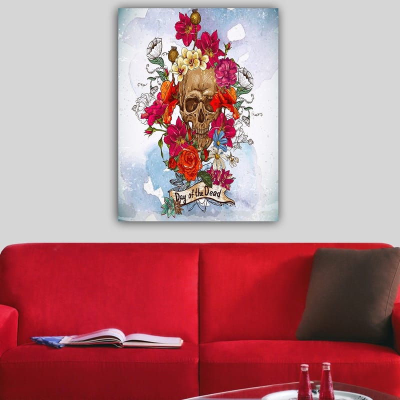 Lerretsbilde 70x100 cm - Fargerik hodeskalle omgitt av blomster, symboliserer Día de los Muertos - Rød / Rosa / Gul - Innredning - Bilder & kunst - Lerretsbilder