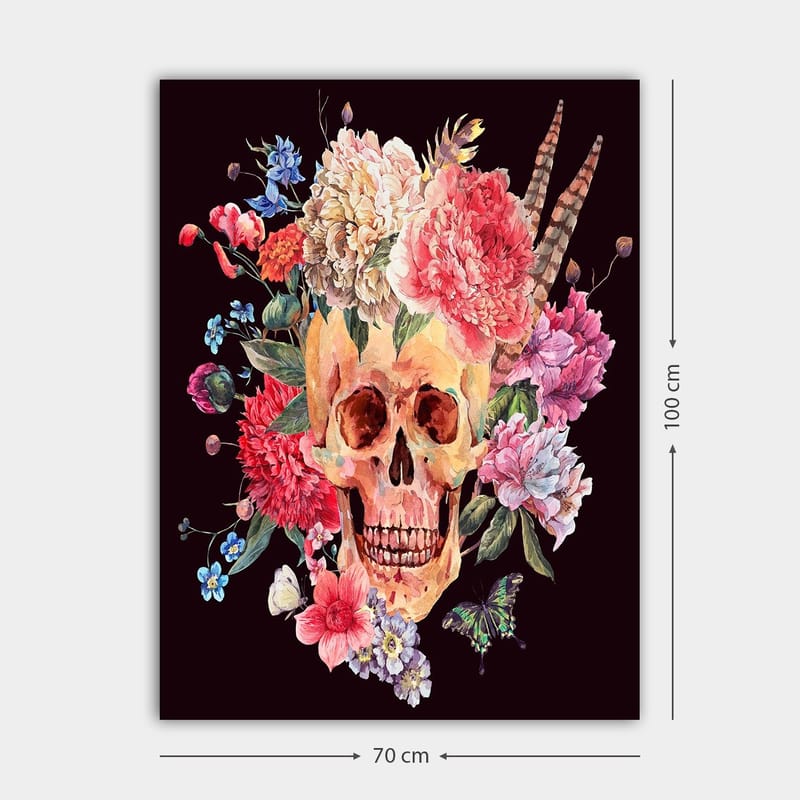 Lerretsbilde 70x100 cm - Fargerik hodeskalle omgitt av blomster - Rosa / Gul / Grønn - Innredning - Bilder & kunst - Lerretsbilder