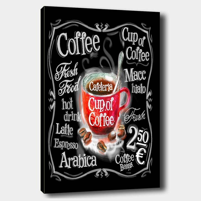 Lerretsbilde 70x100 cm - Fargerik kaffekopp med damp som stiger opp, omgitt av tekst og kaffebønner - Rød / Svart / Hvit - Innredning - Bilder & kunst - Lerretsbilder