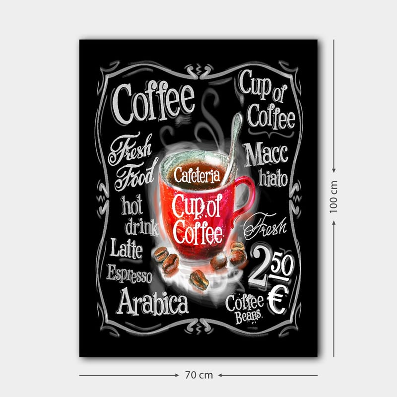 Lerretsbilde 70x100 cm - Fargerik kaffekopp med damp som stiger opp, omgitt av tekst og kaffebønner - Rød / Svart / Hvit - Innredning - Bilder & kunst - Lerretsbilder