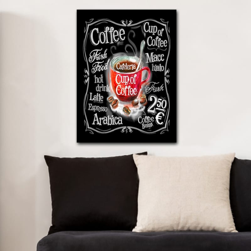 Lerretsbilde 70x100 cm - Fargerik kaffekopp med damp som stiger opp, omgitt av tekst og kaffebønner, Rød / Svart / Hvit