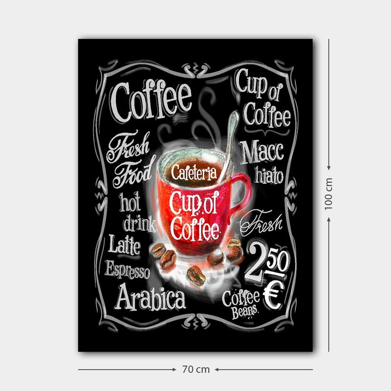Lerretsbilde 70x100 cm - Fargerik kaffekopp med damp som stiger opp, omgitt av tekst og kaffebønner - Rød / Svart / Hvit - Innredning - Bilder & kunst - Lerretsbilder