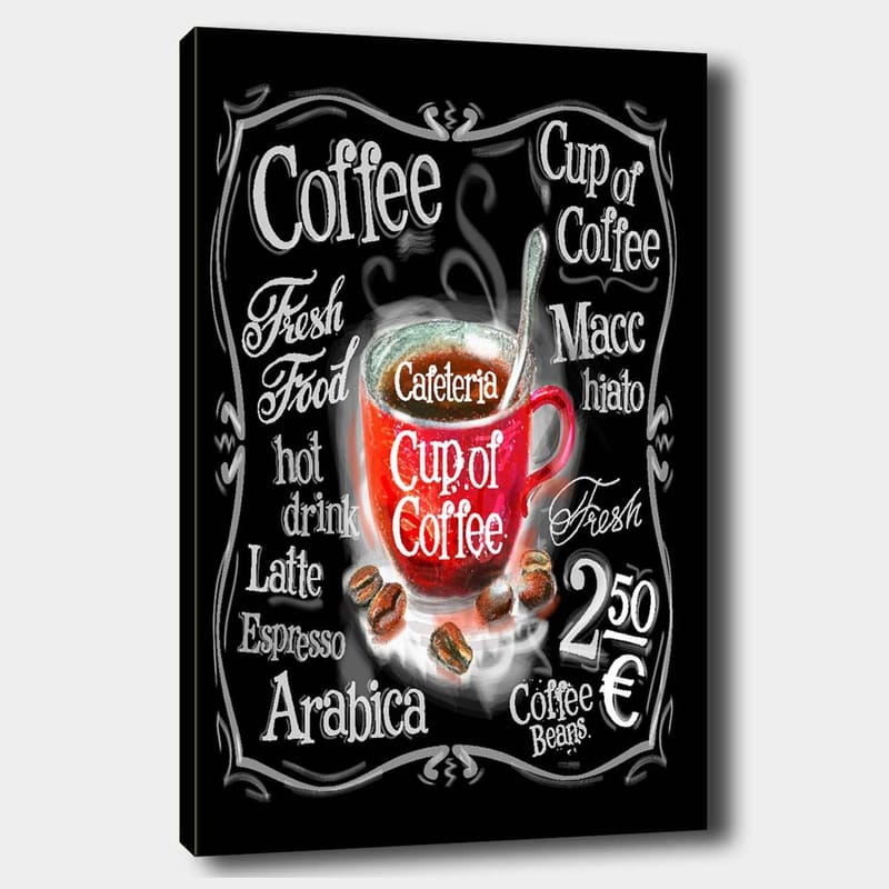 Lerretsbilde 70x100 cm - Fargerik kaffekopp med damp som stiger opp, omgitt av tekst og kaffebønner - Rød / Svart / Hvit - Innredning - Bilder & kunst - Lerretsbilder