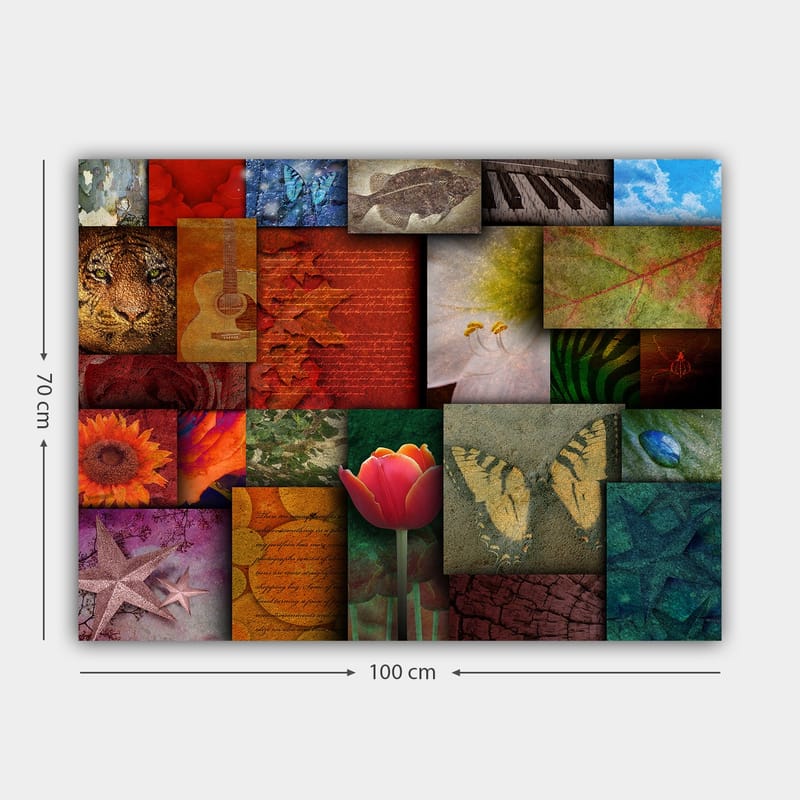 Lerretsbilde 70x100 cm - Fargerik kollasj av forskjellige motiver, inkludert blomster, dyr og abstrakte mønstre - Rød / Oransje / Grønn - Innredning - Bilder & kunst - Lerretsbilder