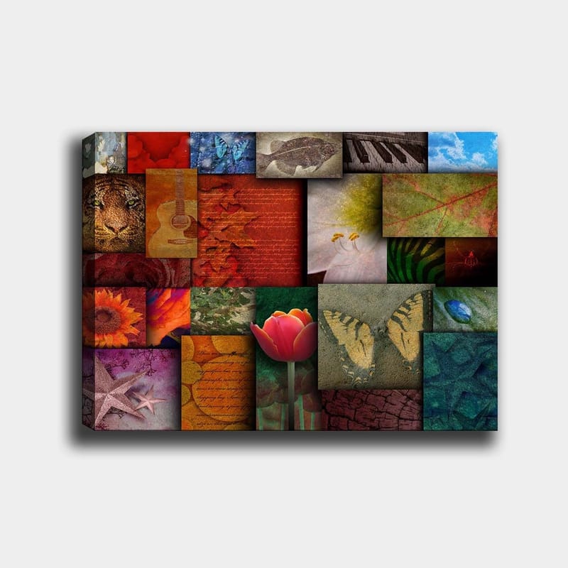 Lerretsbilde 70x100 cm - Fargerik kollasj av forskjellige motiver, inkludert blomster, dyr og abstrakte mønstre - Rød / Oransje / Grønn - Innredning - Bilder & kunst - Lerretsbilder
