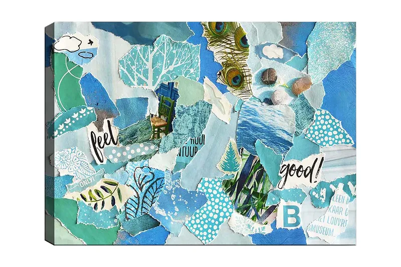 Lerretsbilde 70x100 cm - Fargerik kollasj med elementer av naturen og positive budskap, Blå / Grønn / Turkis