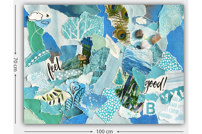 Lerretsbilde 70x100 cm - Fargerik kollasj med elementer av naturen og positive budskap - Blå / Grønn / Turkis - Innredning - Bilder & kunst - Lerretsbilder