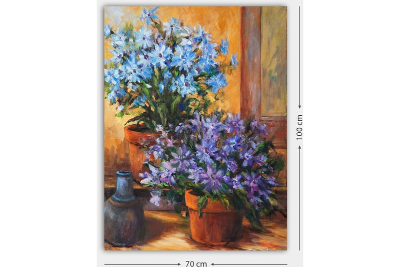Lerretsbilde 70x100 cm - Fargerik komposisjon av blå og lilla blomster i potter - Blå / Lilla / Grønn - Innredning - Bilder & kunst - Lerretsbilder