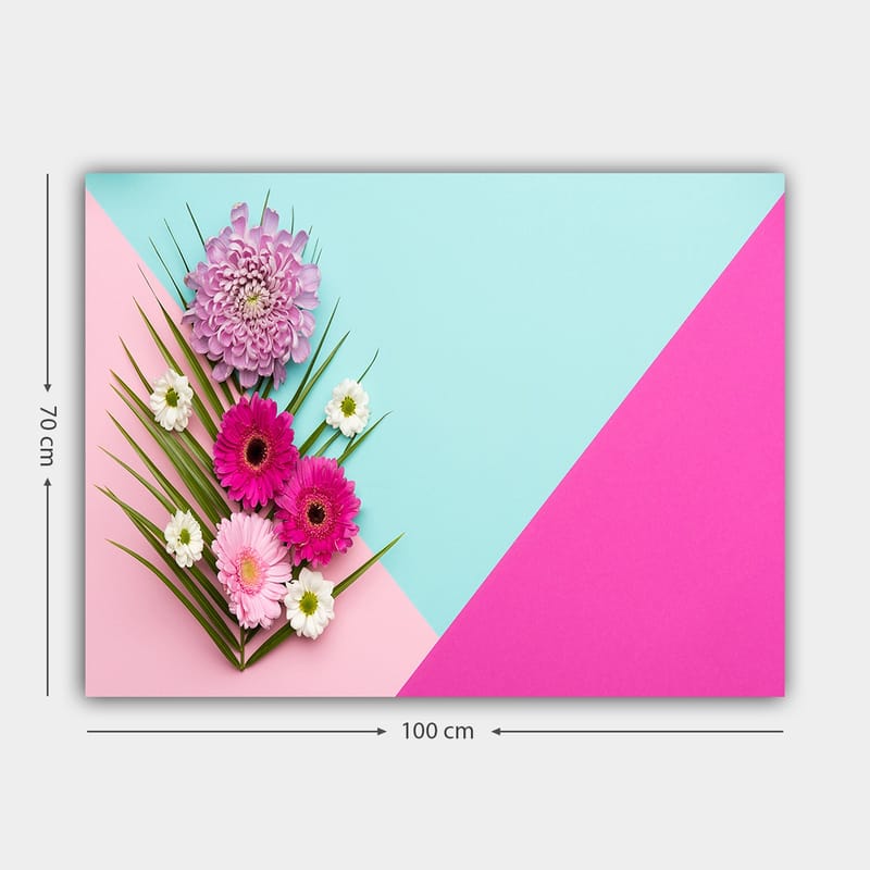 Lerretsbilde 70x100 cm - Fargerik komposisjon av blomster mot en geometrisk bakgrunn i pastellfarger - Rosa / Lys blå / Grønn - Innredning - Bilder & kunst - Lerretsbilder