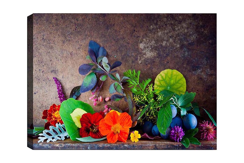 Lerretsbilde 70x100 cm - Fargerik komposisjon av blomster og grønne blader, Rød / Grønn / Lilla