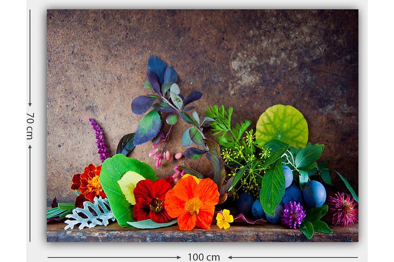 Lerretsbilde 70x100 cm - Fargerik komposisjon av blomster og grønne blader - Rød / Grønn / Lilla - Innredning - Bilder & kunst - Lerretsbilder