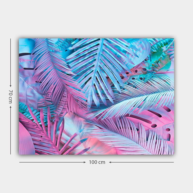 Lerretsbilde 70x100 cm - Fargerik komposisjon av tropiske palmeblader i rosa og blå nyanser - Rosa / Blå / Turkis - Innredning - Bilder & kunst - Lerretsbilder