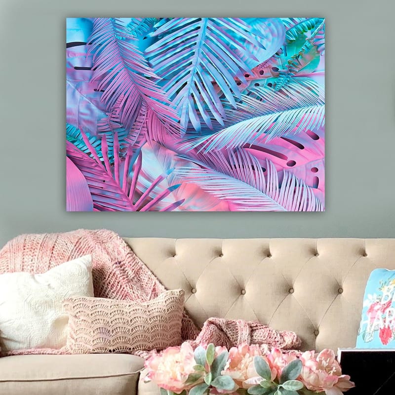 Lerretsbilde 70x100 cm - Fargerik komposisjon av tropiske palmeblader i rosa og blå nyanser - Rosa / Blå / Turkis - Innredning - Bilder & kunst - Lerretsbilder