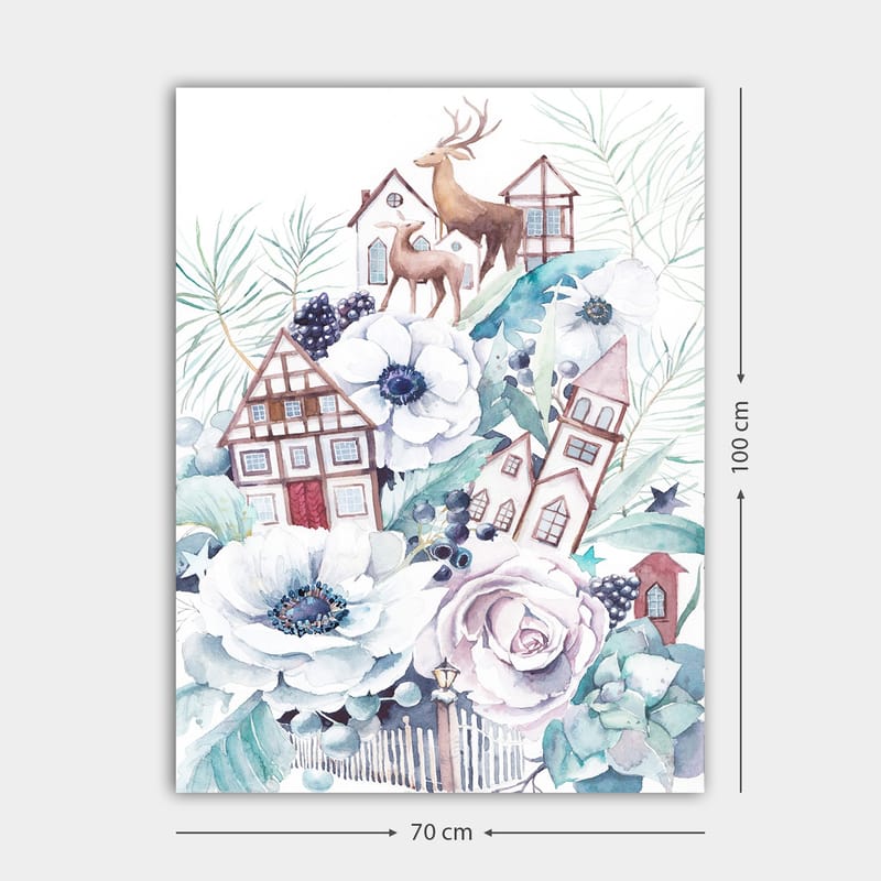 Lerretsbilde 70x100 cm - Fargerik komposisjon med blomster, hus og dyr i et harmonisk landskapsdesign - Hvit / Grønn / Brun - Innredning - Bilder & kunst - Lerretsbilder