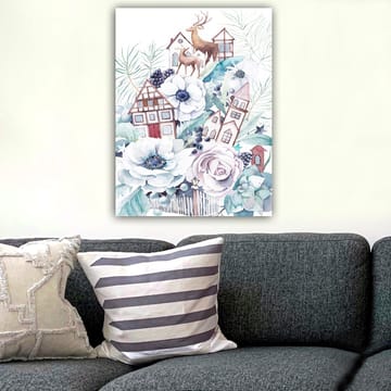 Lerretsbilde 70x100 cm - Fargerik komposisjon med blomster, hus og dyr i et harmonisk landskapsdesign - Hvit / Grønn / Brun - Innredning - Bilder & kunst - Lerretsbilder