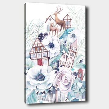 Lerretsbilde 70x100 cm - Fargerik komposisjon med blomster, hus og dyr i et harmonisk landskapsdesign - Hvit / Grønn / Brun - Innredning - Bilder & kunst - Lerretsbilder