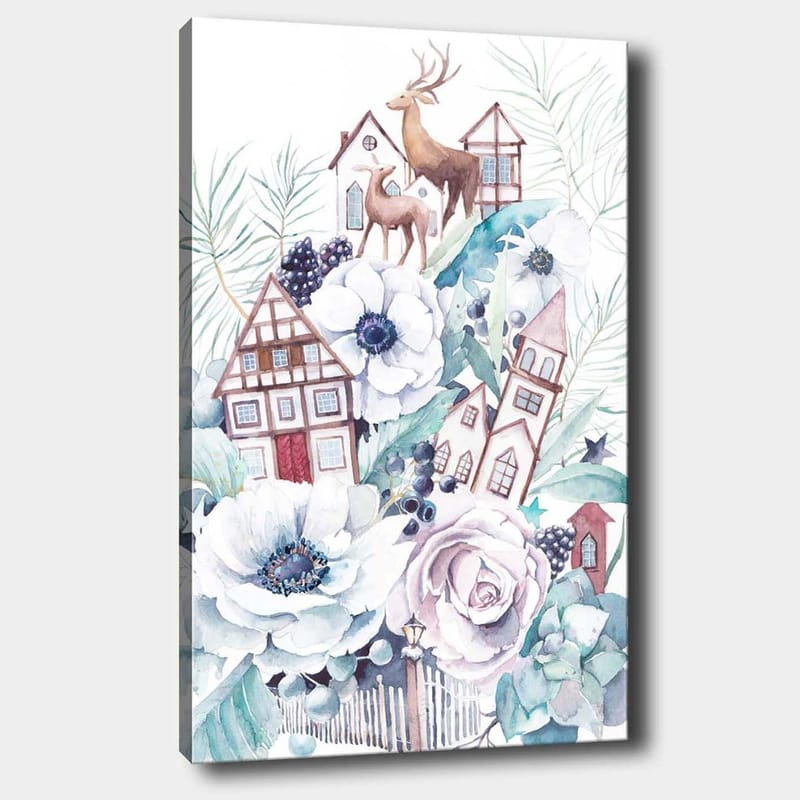 Lerretsbilde 70x100 cm - Fargerik komposisjon med blomster, hus og dyr i et harmonisk landskapsdesign - Hvit / Grønn / Brun - Innredning - Bilder & kunst - Lerretsbilder