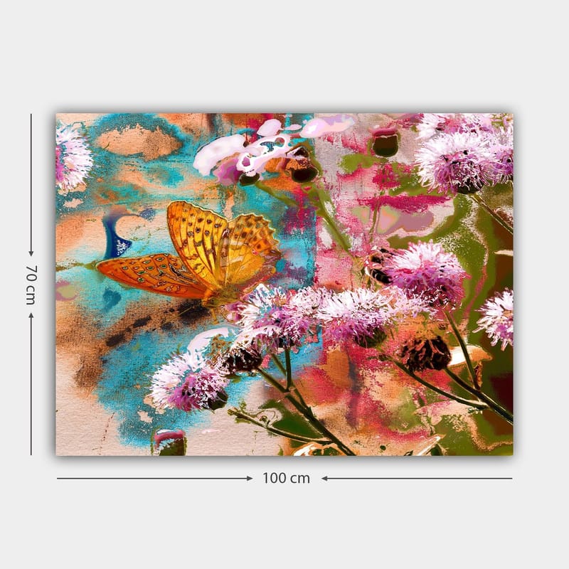 Lerretsbilde 70x100 cm - Fargerik maleri med en sommerfugl som sitter på blomster i et levende naturmiljø - Oransje / Rosa / Grønn - Innredning - Bilder & kunst - Lerretsbilder