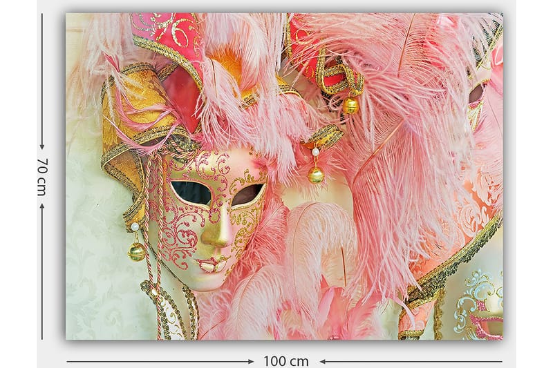 Lerretsbilde 70x100 cm - Fargerik maskerademaske utsmykket med fjær og ornamenter, som fanger den festlige atmosfæren på et maskeradeball - Rosa / Gull / Hvit - Innredning - Bilder & kunst - Lerretsbilder
