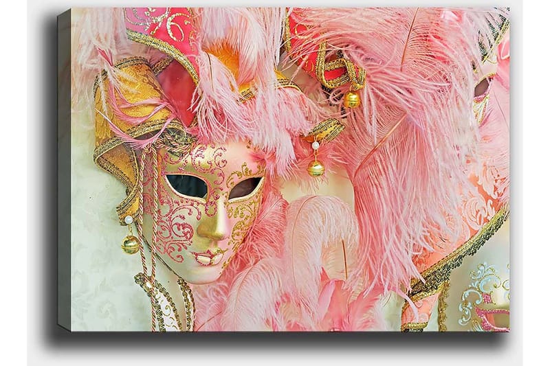 Lerretsbilde 70x100 cm - Fargerik maskerademaske utsmykket med fjær og ornamenter, som fanger den festlige atmosfæren på et maskeradeball - Rosa / Gull / Hvit - Innredning - Bilder & kunst - Lerretsbilder