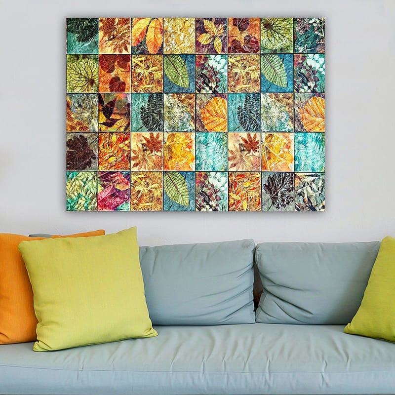 Lerretsbilde 70x100 cm - Fargerik mosaikk av forskjellige blader i varierende nyanser og mønstre - Grønn / Oransje / Gul - Innredning - Bilder & kunst - Lerretsbilder