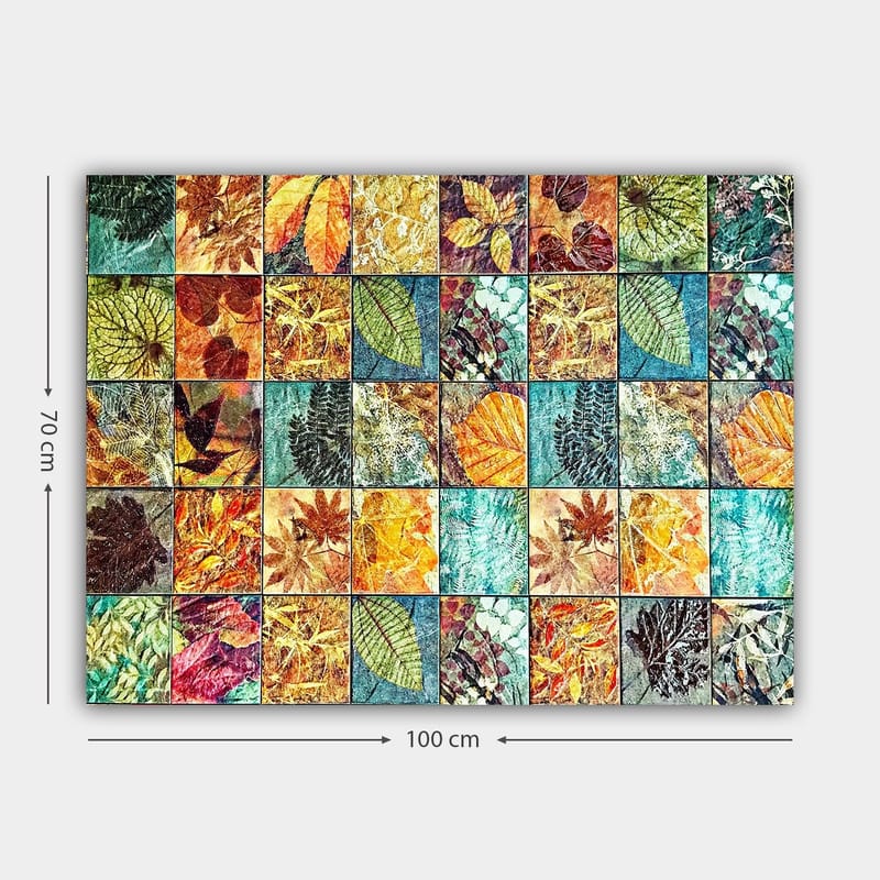 Lerretsbilde 70x100 cm - Fargerik mosaikk av forskjellige blader i varierende nyanser og mønstre - Grønn / Oransje / Gul - Innredning - Bilder & kunst - Lerretsbilder