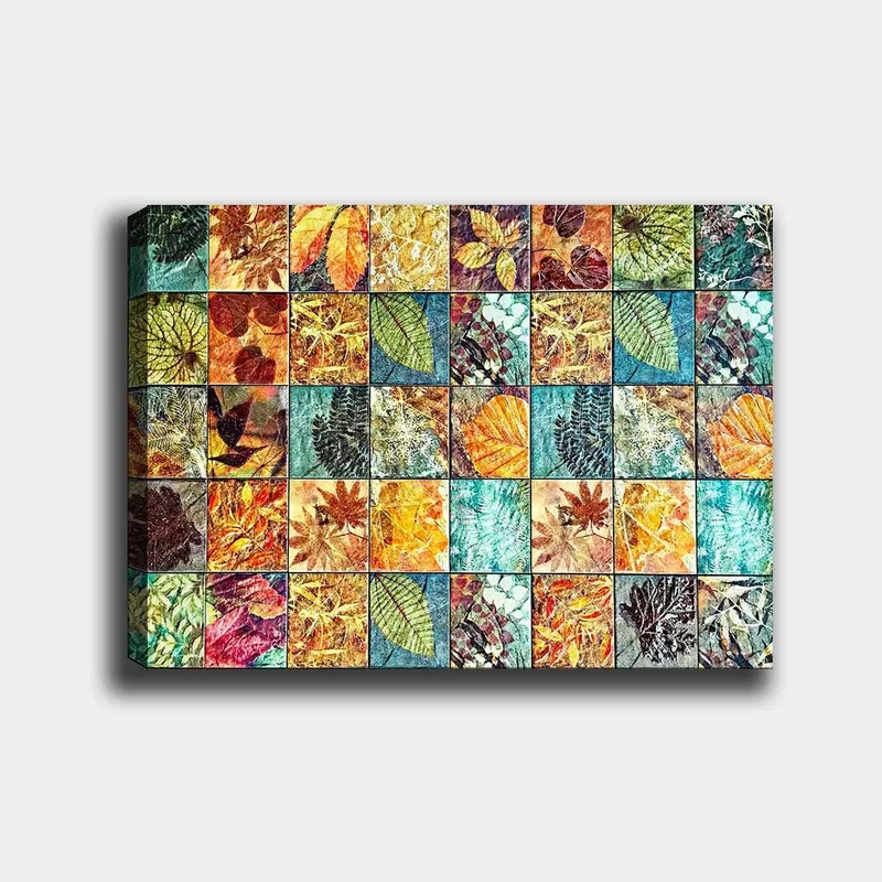 Lerretsbilde 70x100 cm - Fargerik mosaikk av forskjellige blader i varierende nyanser og mønstre, Grønn / Oransje / Gul