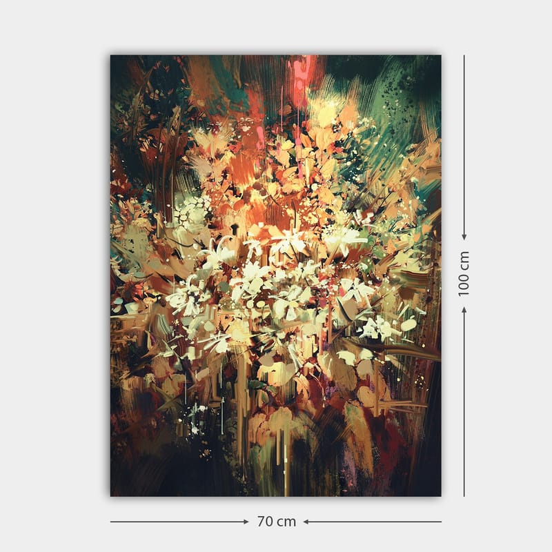 Lerretsbilde 70x100 cm - Fargerik og abstrakt blomsterkomposisjon som fanger naturens skjønnhet - Grønn / Oransje / Hvit - Innredning - Bilder & kunst - Lerretsbilder