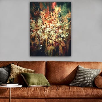 Lerretsbilde 70x100 cm - Fargerik og abstrakt blomsterkomposisjon som fanger naturens skjønnhet - Grønn / Oransje / Hvit - Innredning - Bilder & kunst - Lerretsbilder