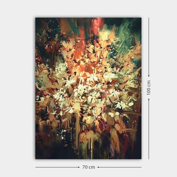 Lerretsbilde 70x100 cm - Fargerik og abstrakt blomsterkomposisjon som fanger naturens skjønnhet - Grønn / Oransje / Hvit - Innredning - Bilder & kunst - Lerretsbilder