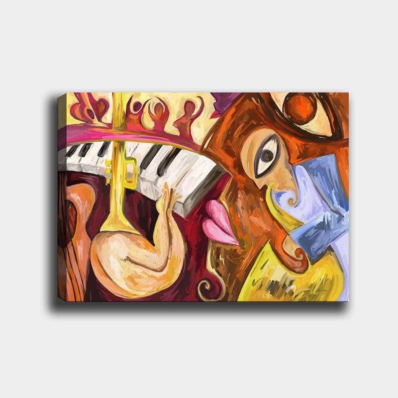 Lerretsbilde 70x100 cm - Fargerik og abstrakt komposisjon med musikalske elementer og ansiktsmotiver - Rød / Gul / Blå - Innredning - Bilder & kunst - Lerretsbilder