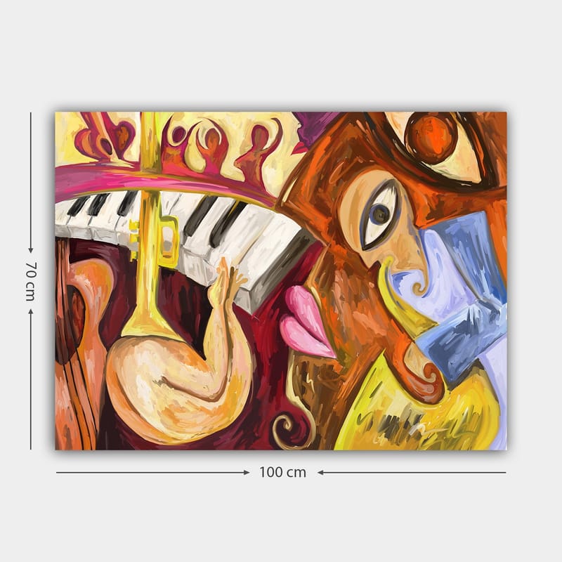 Lerretsbilde 70x100 cm - Fargerik og abstrakt komposisjon med musikalske elementer og ansiktsmotiver - Rød / Gul / Blå - Innredning - Bilder & kunst - Lerretsbilder
