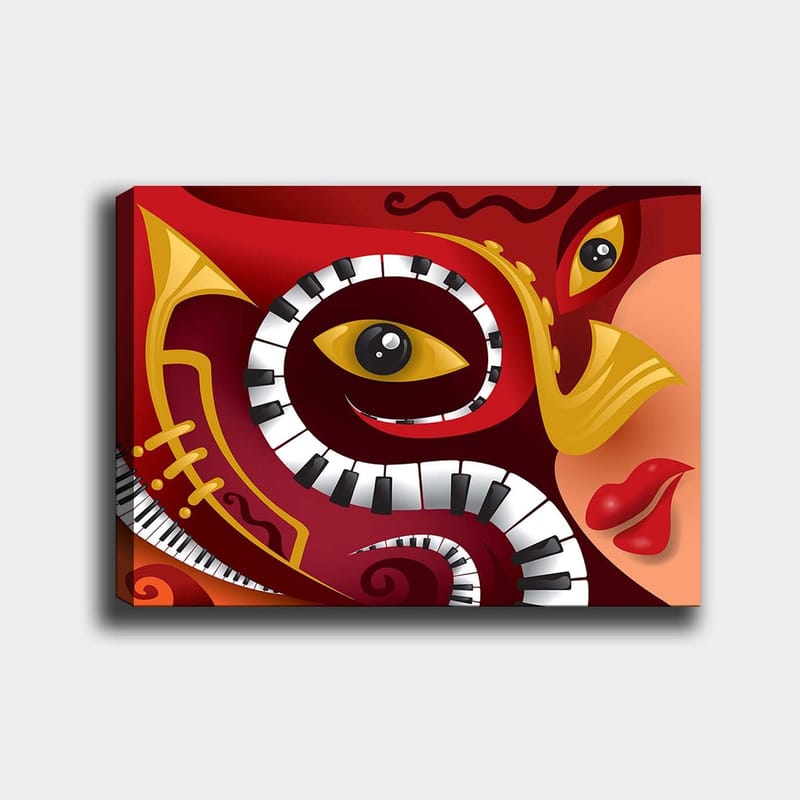Lerretsbilde 70x100 cm - Fargerik og abstrakt komposisjon som kombinerer musikalske elementer med ansiktstrekk, Rød / Svart / Gul